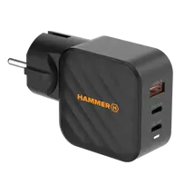 HAMMER RapidCharge 65W GaN sieninis įkroviklis - 2x USB-C PD, 1x USB-A QC, juodas