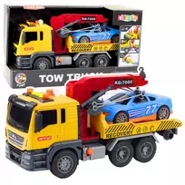 LEAN TOYS vilkikas su kranu ir lenktyniniu automobiliu – šviesos ir garso efektai