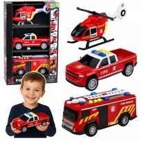 LEAN TOYS Gaisrinės gelbėjimo transporto rinkinys: sraigtasparnis ir automobilis su šviesomis ir garsais, 1:32