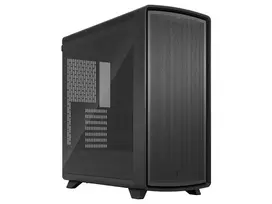 Fractal Design Summit Blackout TG Light Tint vidutinio bokšto kompiuterio korpusas - anglies juodos spalvos su tikro riešutmedžio priekine panele, grūdinto stiklo šonine sienele, 2x Aspect 14 PWM ventiliatoriais
