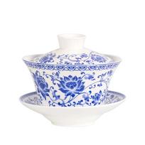Retro Sancai Gaiwan Chinese Tea Bowls Set, Blue and White Porcelain Tureen, Ceramic Puer Cups, Household Drinkware, Jingdezhen white
