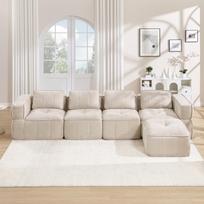 4-Seater L-Shaped Frameless Modular Sofa with One Stool, Filled 32D High-Density Foam, Deep Seat Cushion, Soft Fabric, Ideal for Living Room, Beige. 344 x 162 x 67 cm smėlis