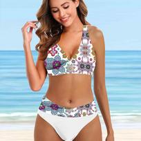 Moteriškas maudymosi kostiumėlis su pečių juostele Black Ink Wash Print Bikini Tankini maudymosi kostiumėlis 4XL balta
