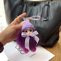 Cute Big Eyed Doll Pompom Keychain Real Fox Fur Bag Charm for Women Bag Key Ring Fine Jewelry Accessories Kids Girl Gift gray