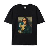 Casual Mona Lisa Counting Money Print Short Sleeve Crew Neck Spring T-Shirt S black