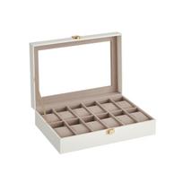 Laikrodžių dėžutė su 12 skyrelių ir stikliniu dangčiu, debesų balta, 20,2 × 30,2 × 7,8 cm