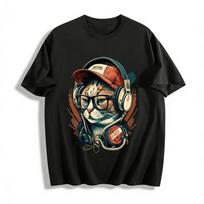 Cool DJ Cat Print Casual Unisex Crew Neck T-Shirt Pure cotton T-shirt XXS black