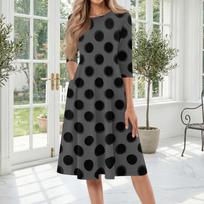 Women's Casual Round Neck 3/4 Sleeve Polka Dot Print Midi Dress XL geltona