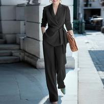 Women's Color Casual and Wide Leg Pants Two-Piece Set for Everyday Wear S gray