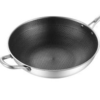 Stainless Steel Wok Pan Double Sided Honeycomb 3 Layer Prevent Sticking Easy Cleaning Wok for Kitchen 34cm/13.4in (No Lid and with Ears) gray