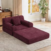 1 vietos sofa-lova, veliūrinė sofa su aukštu atlošu, metalinis rėmas, didelio tankio putų poliuretanas, 2 puodelių laikikliai ir 4 šoninės kišenės, vyno raudonumo