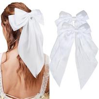 2 Pieces Satin Big Bow Hair Clip with Long Streamers, Elegant Bow Barrettes Spring Hair Clips, Women Fashion Hair Accessories for Wedding Daily One size white