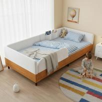 Upholstered Bed, Single Bed, Velvet & Wood Design, With 2 Storage Pockets, Soft Anti-Collision Foam Edge, Sturdy Bed Frame, White, 90x200cm 208 x 98 x 54 cm