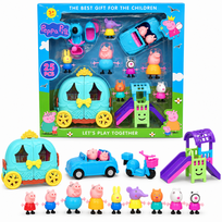 Didelis Peppa Pig rinkinys – 9 figūrėlės, karieta, automobilis ir čiuožykla