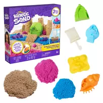 Kinetic Sand Beach Adventure rinkinys – 907g smėlio 3 spalvų su formelėmis, įrankiu ir padėklu