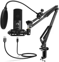 FIFINE T669 USB kondensatorinis mikrofonas su scissor arm stovu, shock mount laikikliu, pop filtru, putplasčio gaubtuvu, stalo spaustuku ir 2,5m USB laidu