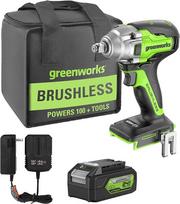 Greenworks gd24iw400k4 akumuliatorinis smūginis veržliasukis su bešepetėliniu varikliu, 0–2800 aps./min., 0–4000 smūgių per minutę, 400 nm sukimo momentas, 1/2 colio kvadratinis adapteris, plius 24 v 4 ah akumuliatorius ir įkroviklis