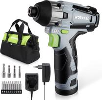 Workpro akumuliatorinis smūginis veržliaraktis, 12 V smūginis veržliaraktis 100 Nm 2000 aps./min., 1/4 colio griebtuvas su 2,0 Ah akumuliatoriumi ir įkrovikliu, 14 priedų ir įrankių krepšys, led lemputė, skirta varžtų sukimui ir smūginiams varžtams