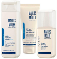 Kalėdinis rinkinys Marlies Moller: Pakeliamasis plaukų apimčiai kondicionierius, 100 ml + „Finally Strong“ plaukų lakas stipriai fiksuojamam formavimui, 125 ml + „Daily Volume“ plaukų šampūnas, 200 ml