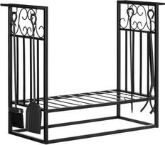 Homcom Metalinė malkų lentyna su židinio įrankiais - juoda 75 x 30 x 60 cm