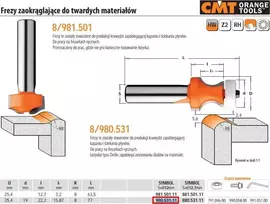 CMT CMT freza apvalinamoji kietoms medžiagoms HM R= 8D=25,4 I=22,2B=15,87S=12 guolis