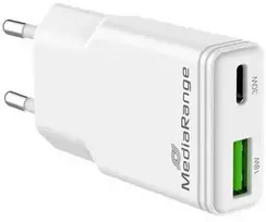 Įkroviklis MediaRange Įkroviklis 30W 2-Port 1x USB-A/1x USB-C GaN balta