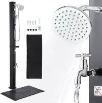 Sodo saulės dušas 40 l, aukštis 205 cm, su kojų čiaupu ir muilinės, juodas