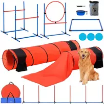 Šunų agility treniruočių įrangos komplektas, 7 dalys, 6 stulpeliai, 2 tuneliai