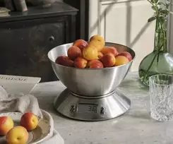 Virtuvinės svarstyklės Omega PLATINET STEEL KITCHEN SCALE WITH BOWL Virtuvinės svarstyklės STALOWA Z MISKĄ 1,8 L / 5 KG WYŚWIELTACZ CZAS TEMPERATURA (PBSKB)