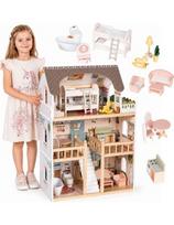 Medinis lėlių namas Laura, 3 aukštai, 5 kambariai, 15 baldų, ECOTOYS