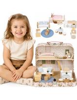 Lėlių namelis lagamine su mediniais baldais ir 20 priedų rinkiniu ECOTOYS