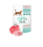 Optimeal™ VISAVERTIS KONSERVUOTAS PAŠARAS STERILIZUOTOMS KATĖMS IR KASTRUOTIEMS KATINAMS SU JAUTIENA IR KALAKUTIENOS FILĖ DREBUČIUOSE 0,85g.
