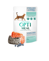 Optimeal™ Visavertis konservuotas pašaras sterilizuotoms katėms ir kastruotiems katinams su lašiša ir mėlynėmis drebučiuose 0,85g.* 12vnt.