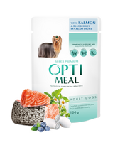 Optimeal™ Visavertis konservuotas pašaras suaugusiems šunims su lašiša ir mėlynėmis padaže 100g. * 12vnt.
