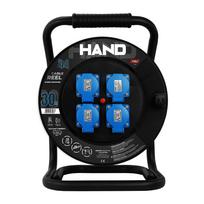 Elektros prekės // Maitinimo prailgintuvų, skirstytuvų ir UK bei USA adapterių rinkinys // Przedłużacz bębnowy linia HAND PRO; 3x(2p+Z) +1x(USB-A;USB-C); IP44; 16A; H07RN-F; 31,5; 30m; SCHUKO; CZARNY