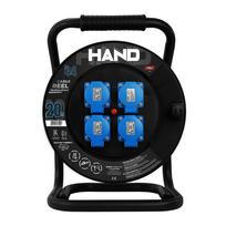 Elektros prekės // Maitinimo prailgintuvų, skirstytuvų ir UK bei USA adapterių rinkinys // Przedłużacz bębnowy linia HAND PRO; 3x(2p+Z) +1x(USB-A;USB-C); IP44; 16A; H05RR-F; 31,5; 20m; CZARNY