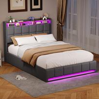 Dvigulė lova 140 X 190 cm, su LED apšvietimu, USB C tipo jungtimi, pilka, linas