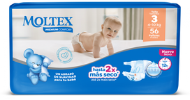MOLTEX Premium Comfort Midi 3 (4–10 kg) – 56 vnt. sauskelnių pakuotė.