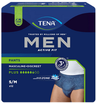 TENA Men Pants Plus (mėlynos) S/M dydžio sauskelnės-kelnaitės vyrams, 12 vnt. pakuotėje