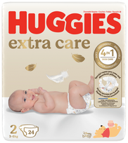 HUGGIES Extra Care 2, sauskelnės naujagimiams 3-6 kg, pakuotėje 24 vnt.