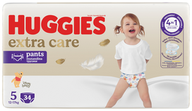 HUGGIES Extra Care kelnaitės S5 (12-17 kg), 34 vnt. – kelnaitės su keturguba apsauga