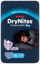 DryNites „Paauglys berniukas 13+“, 49–60 kg sauskelnės, 9 vnt. „Huggies“ nakties apatiniai drabužiai