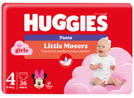 HUGGIES sauskelnės S4 Jumbo Pack užmaunamos mergaitėms, 9-14 kg svorio kategorija, pakuotėje 36 vnt.