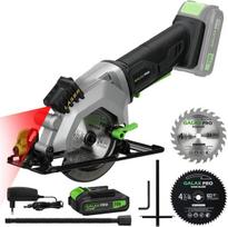 Galax pro akumuliatorinis diskinis pjūklas, 20 v (2,0 ah akumuliatorius su įkrovikliu), lazerinis kreiptuvas, 2 x diskinio pjūklo geležtės skersmuo 115 mm, 3400 aps/min, 45° reguliuojamas pasvirimo kampas