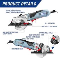 Workpro mini diskinis pjūklas 750w 4700rpm, rankinis diskinis pjūklas, pjovimo gylis 45mm (90°), 28mm (45°) su 120mm tct ašmenimis ir 115mm deimantiniu ašmenimis su kreipiančiąja liniuote medienai, metalui, plytelėms