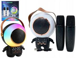 Belaidė mini karaoke kolonėlė su dviem mikrofonais, laikrodžiu ir RGB apšvietimu, juoda