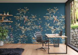 Rasch tapetai 362831 – fototapetai ant neaustinės medžiagos su paukščiais ir šakomis mėlyna, ruda ir raudona spalvomis iš kolekcijos Magicwalls – 3,00 m x 2,12 m (i x P)