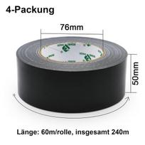 Bomei Pack Juoda lipni juosta itin stipri 60 m x 50 mm - vandeniui atspari remonto juosta vidaus ir lauko darbams, audiniu sustiprinta remonto juosta 4 ritiniai