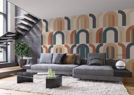 Rasch tapetai 363920 - fototapetai ant neaustinės medžiagos su geometriniu arkos raštu mėlyna, smėlio ir raudona spalvomis iš kolekcijos Magicwalls - 3.00 m x 2.65 m (i x P)