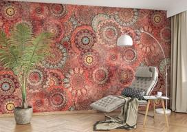 Rasch tapetai 363012 – fototapetai ant neaustinės medžiagos su gėlių apskritimais raudonos, šviesiai mėlynos ir bordo spalvos iš kolekcijos „magicwalls“ – 3,00 m x 4,24 m (ilgis x plotis)